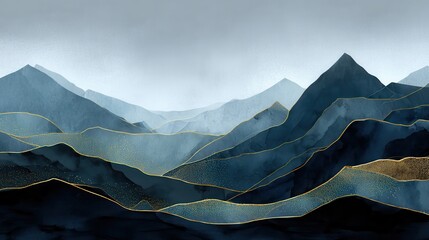 Poster - Mountain background vector. Minimal landscape art with watercolor brush and golden line art texture. Abstract art wallpaper for prints, Art Decoration, wall arts and canvas prints. , no logos, no bra