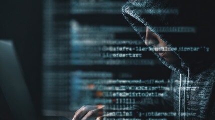 Poster - Hacker programmer using computer with abstract html code. Safety and programming concept. Double exposure, no logos, no brands