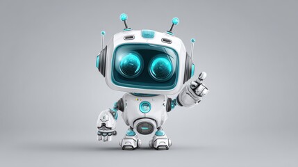 Poster - Cartoon Character Cute Robot Isolated on Grey Gradient Background. Touch Screen. Vector EPS 10., no logos, no brands
