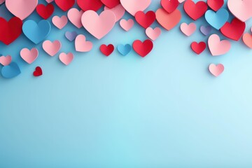 Poster - Colorful paper hearts hanging on a light blue background creating a romantic atmosphere, perfect for valentine's day or wedding projects