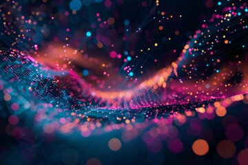 Poster - Colorful particles flowing and creating a futuristic wave in digital space