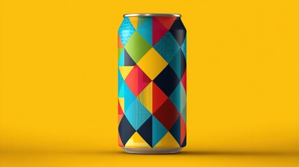 Poster - Geometric 3D Beer Can Design With Vibrant Colors Against a Bright Yellow Background for Artistic Purposes