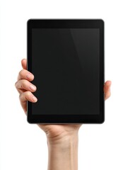 Poster - human hand holding black tablet with blank display, isolated on white