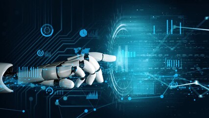 Poster - A dynamic image of a robotic hand reaching out to a digital data interface, illustrating the convergence of technology and innovation with vibrant graphs and analytics. Xenic