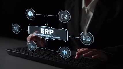 Poster - ERP platform visual showing centralized system for enterprise resource planning, improving integration, data flow, business efficiency, finance, inventory, and human resources. Muxer
