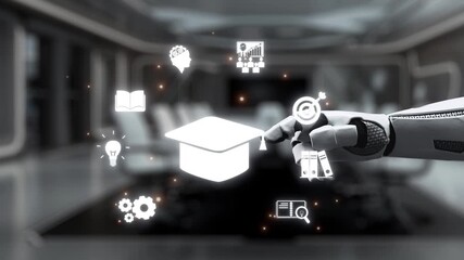 Poster - Robotic Hand Interacting with Educational Icons Representing Technology, Learning, and Innovation in Modern Classroom or Office Environment. Auvana