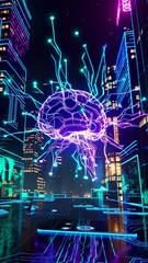 Poster - Digital brain hovers above urban environment with glowing neural connections. High-tech skyline illuminated at night creates a vibrant atmosphere