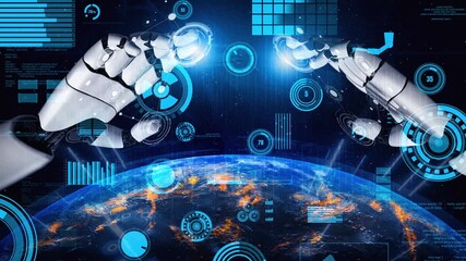 Poster - This image features robot hands reaching towards Earth, set against a backdrop of digital data and tech elements, symbolizing innovations in artificial intelligence and futuristic exploration. Xenic