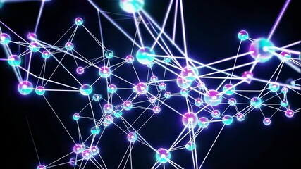 Poster - Dynamic visualization of interconnected nodes with glowing effects illustrating complex data relationships and network structures