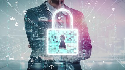 Poster - A businessman stands confidently in front of a digital security lock visual, representing the importance of cyber security, data protection, and privacy in the modern business environment. Xenic