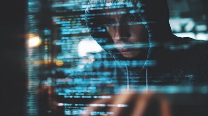 Poster - Hacker programmer using computer with abstract html code. Safety and programming concept. Double exposure, no logos, no brands