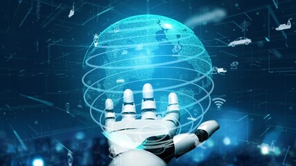 Poster - A futuristic robotic hand reaches for a glowing holographic globe, symbolizing the intersection of technology and global connectivity in a digital landscape. Xenic