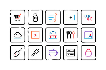 Poster - Collection of colorful outline icons on a black background shopping cart bottle