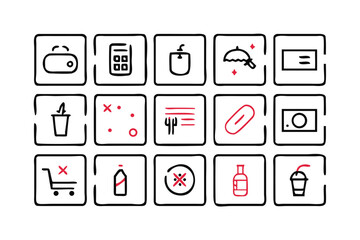 Poster - Red Line Icons Set Wallet Calculator Apple Umbrella Wallet Paperclip Money Camera Shopping Cart Bottle