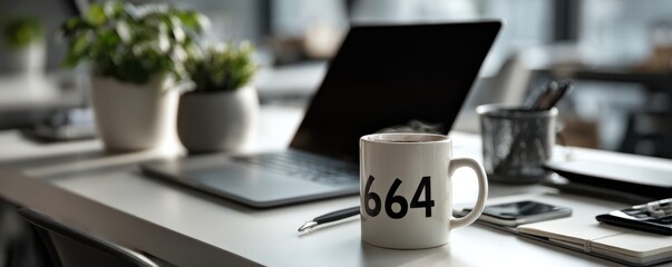 Poster - Modern office workspace with a laptop, mug, and decorative plants