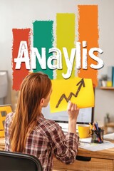 Poster - Person analyzing data with colorful graph for business insights in office workspace