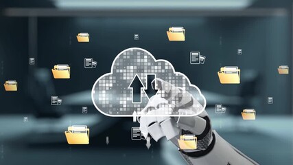 Poster - A robotic hand reaches towards cloud storage icons representing data transfer in a modern digital workspace, illustrating the synergy between robotics and technology. Auvana
