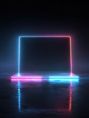 Poster - Neonlit laptop with glowing pink and blue frame, dark background, futuristic tech vibe