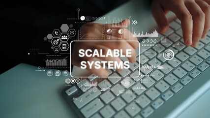 Poster - Hands Typing on Keyboard with Scalable Systems Graphic Overlay and Data Visualizations Concept. Asymptotic smart data analytic.