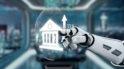 Poster - A highly advanced robotic hand engages with a digital interface showcasing financial growth metrics in a modern banking setting, symbolizing the fusion of technology and finance. Auvana