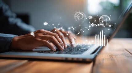 Poster - Close up of business man hand working on laptop computer with social media diagram and chart graph on wooden desk as concept, no logos, no brands