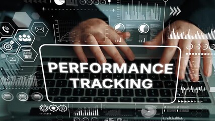 Poster - Hands on Laptop with Digital Graphics for Performance Tracking in a Modern Business Environment. Asymptotic smart data analytic.
