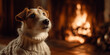 © gyana08 - Small dog in a cream cable-knit sweater sitting near a cozy fireplace with a warm ambient glow