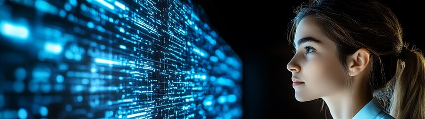 Woman looking at digital code.