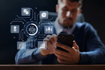 Poster - Business professional using smartphone while engaging with technology in modern office environment