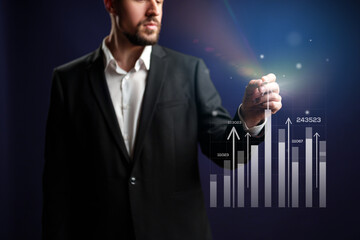 Poster - Business professional analyzing financial growth with digital graphs in evening setting