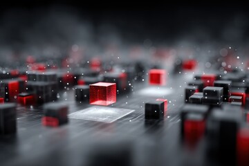 Poster - Abstract depiction of data grid with glowing cubes in black and red tones