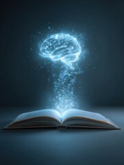Poster - Open Book Reveals Glowing Brain-Shaped Hologram, Symbolizing Knowledge and Innovation, Against a Dark Background in a Creative Artistic Interpretation