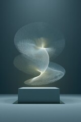 Poster - Abstract digital light sculpture with intricate geometric lines on a pedestal