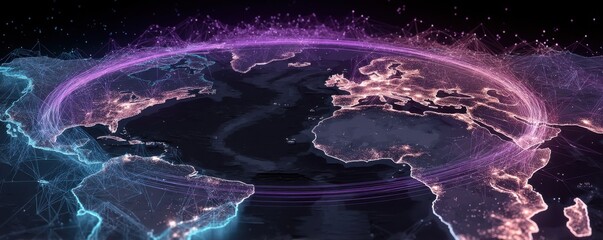 Poster - Top-down view of a glowing network map displaying global connections