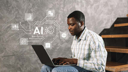 Poster - Young man engages with artificial intelligence technology while sitting on stairs in a modern interior during the day