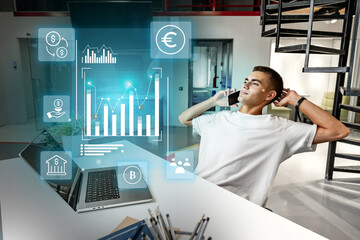 Poster - Young man analyzing financial data while talking on the phone in a modern office setting