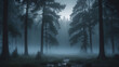 © Zofia - Ethereal forest landscape bathed in mist, tall trees silhouetted against a pale, overcast sky. Serene, mysterious.