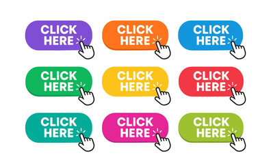 Wall Mural - Colorful click here buttons with cursor icon in flat design style
