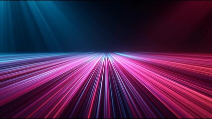Poster - Dark stage illuminated by converging pink and blue light trails, generating futuristic atmosphere with dynamic energy streaming toward distant horizon