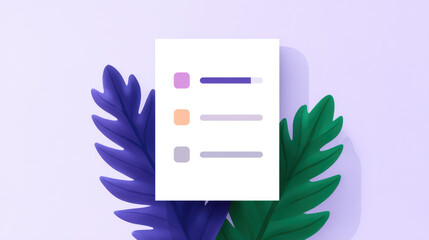 Minimalist illustration of a checklist with progress bars overlaid on green and purple tropical leaves against a light purple background.
