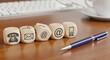 © Izdihaar - Close-up of contact icons displayed on dice, with a pen and keyboard in the background.