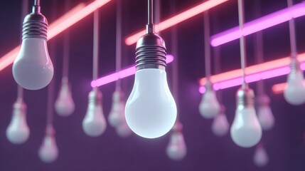 Poster - Bright Floating Light Bulbs Illuminate a Vibrant Neon Space With Glowing Accents and a Captivating Atmosphere