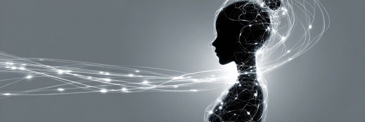 Poster - Transparent Silhouette Filled With Glowing Light Trails Representing Inspiration and Creative Energy in a Clean Layout