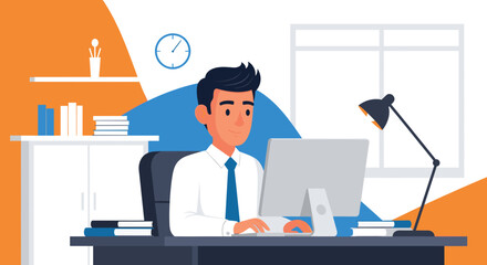 Businessman working on computer in modern office - perfect for website landing page or corporate brochure.