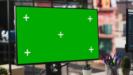 Poster - Green screen mockup computer in office next to displays showing data analytics dashboards. Chroma key isolated screen PC in company workspace next to monitor displaying metrics and data