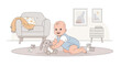 © Fatah - Adorable baby playing with a plush rabbit toy in a cozy and bright living room illustration