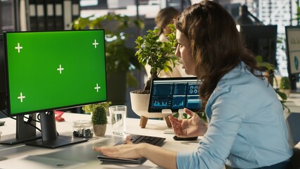 Poster - Employee at work having trouble with broken keyboard while using isolated screen PC. Office clerk in workplace unable to continue work on mockup PC because of defective computer peripherals, camera A