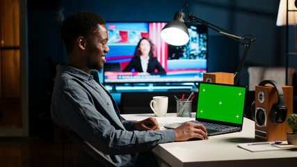 Poster - Self employed person checking financial graphs on chroma key screen, researching and sharing insight. Remote worker comparing business graphic economic figures, creating a strategy. Camera B.