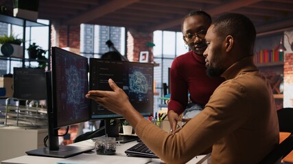 Poster - Team of startup admins doing brainstorming, working with machine learning tech advancing AI. Software development agency staff members transforming data into predictive models, camera A