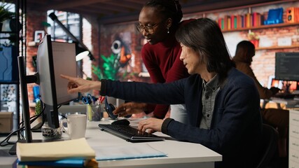 Poster - AI startup office admin asks questions to senior team leader before starting implementing machine learning. Tech venture company worker requests help from manager to fix code bugs, camera A